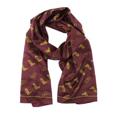 China Women Girls 100% Twill Boot Hat Custom Print Soft Smooth Feeling Oblong Scarf Soft Soft Feeling Long Burgundy Cowboy Gold Color Silk Style for sale