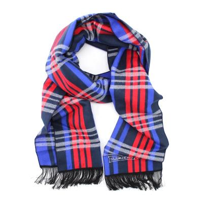 China Hot Brushed Red Blue Red Blue Custom Woven Jacquard Embroidery Plaid Feeling Soft Smooth Black Tassel Feeling Men Women Soft Viscous Polyester Woven Scarf for sale