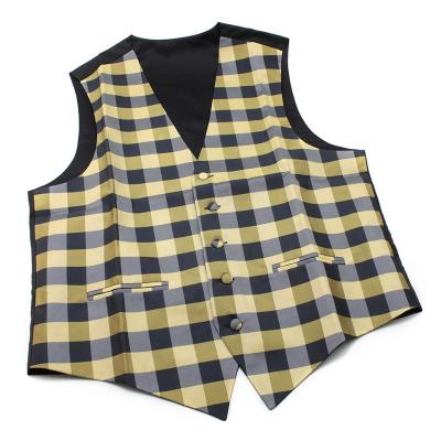 China Anti-Wrinkle Mens V-Neck Navy Blue Check Plaid Polyester Vests Gold Durable Custom Woven Suit Gold Wedding Work Formal Men Vests for sale