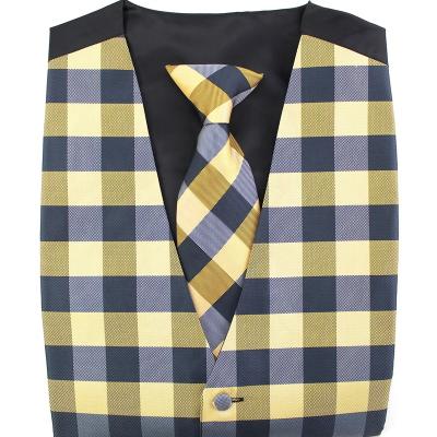 China Outdoor Activity Mens Navy Blue V-Neck Check Plaid Vests Gold Polyester Woven Woven Clip On Tie Mens Suit Wedding Mens Waistcoat And Set link for sale