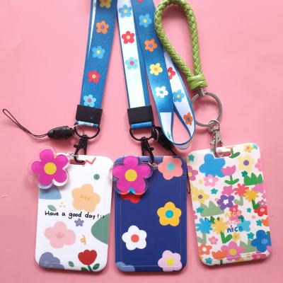 China Fashion Flower Flower Small Fresh Plastic Card Holder Korean Cute Bus Id Polyester Rope Student Card Holder for sale