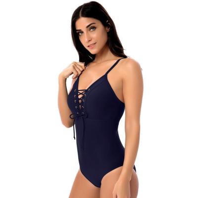 China Strappy Women Cross Front Comfortable Soft Breathable Swimwear Beach Wear Solid Color Quick Dry One Piece Swimsuit for sale