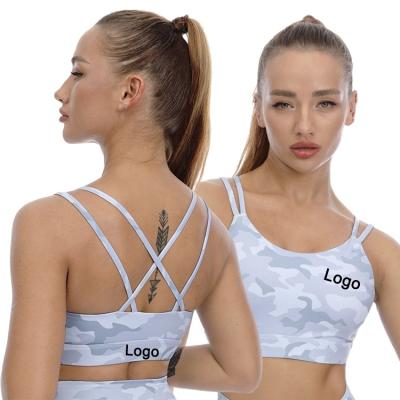 China Polyester Spandex Breathable Camouflage Digital Printing Cross Yoga Bra Double Back Ties High Elastic Woman Sport Yoga Bra for sale