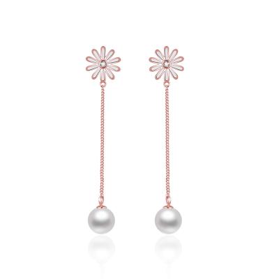 China Real 925 Sterling Silver Jewelry Wholesale RINNTIN EQE18 Cute Unique Design Flower Drop Earrings With Pearl for sale