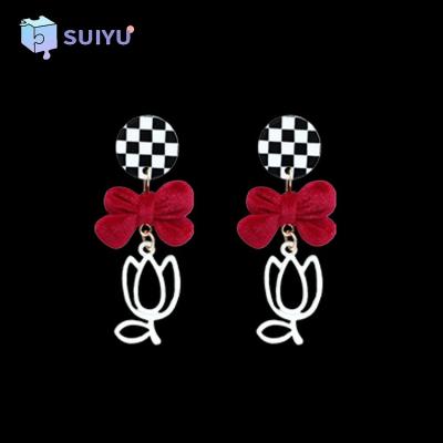 China Fashion New Fashion Red Wine Flocking Bow Tulip Earrings Black and White Checkerboard Design Stud Earrings for sale