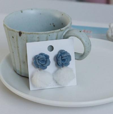 China 2022 New Fashion Selection Cute Kawaii Earrings Silver 925 Elegant Blue Rose Soft Pompom Ball Cute Needle Earrings for sale