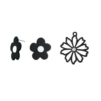 China Cool Punk Black Flower Alloy Charms And Studs Earrings Hollow Out Daisy Flower Pendants For DIY Jewelry Making for sale