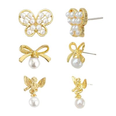 China Fashion Fashion Alloy Studs Earrings Butterfly Bow Angle Earrings Studs With Pearl For Women Girls Birthday Gifts for sale