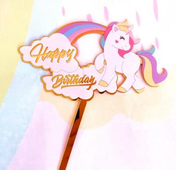 China Acrylic Bake Cake Decorated With Acrylic Hot Cake Insert Card Insert Card Happy Birthday Unicorn Color Print Beautiful Party Topper for sale