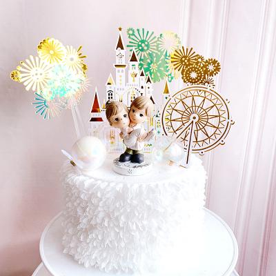 China Handmade Fashion Ferris Wheel Cake Topper Disposable Eco-friendly Acrylic Gold Castle Happy Birthday for sale