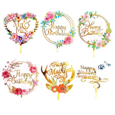 China Acrylic Topper For Decoration Cake Acrylic Cake Toppers Beautiful Flower Print Colorful Wedding Eco-friendly Happy Birthday Disposable for sale