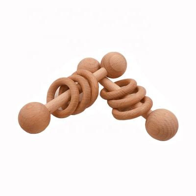 China 2021 Eco-Friendly Amazon Material Hot Sale Wooden Teether Teeth Ring Baby Rattle Baby Wooden Toy Natural Wooden Rattle for sale