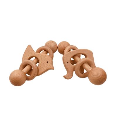 China Wholesale Organic Unfinished Rattle Eco-friendly Natural Ring Cartoon Animal Baby Wooden Toy Newborn Sensory Toy Wooden Teether Baby Rattle Teeth for sale