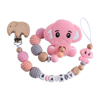 China 100%food grade Silicone Baby Teether Beech Wood Hook Silicone Chew New Bead Pacifier Chain Clip Elephant Silicone Dummy Baby Teething Toys for sale