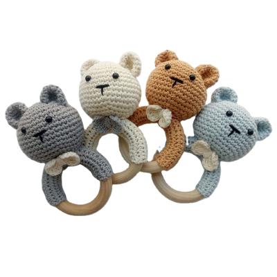 China Hot Sale Eco-friendly Cute Animal Baby Crochet Teether Bear Molar Wooden Baby Teether Rattle for sale