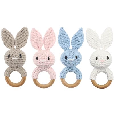 China New Bunny Animal Baby Crochet Rattle Teether Cute Teeth Eco-Friendly Ring Rabbit Baby Rattle Wooden Toy From Amazon for sale