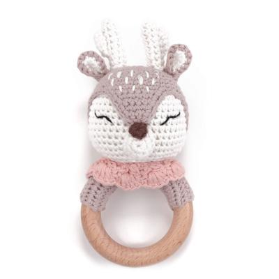 China Beech Animal Ring Baby Rattle Teether Toy Wooden Rattle Crochet Baby Deer Cute Eco-Friendly Amazon New for sale