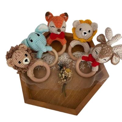 China New Cute Elephant Eco-friendly Lion Elk Baby Beech Wooden Ring Crochet Rattle Teether Toy from Amazon Fox for sale