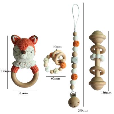 China Softwood Ring Dummy Clip Silicone Baby Wooden Teether Rattle Crochet Toy New Design Fox Animal 4 PCs Set Gift Box Newborn Toy for sale