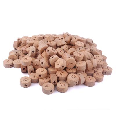 China 100% Eco-friendly 15mm 26 English Letters Round Wooden Beads Baby Teether Pacifier Clip Chain Accessories for sale