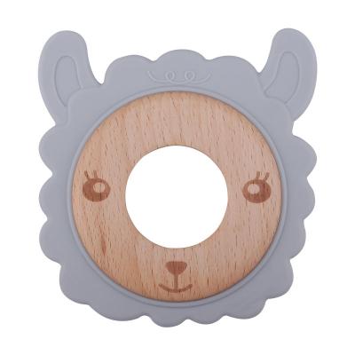 China 100%food grade new silicone amazon newborn silicone and Beech Wooden Teether Ring Baby Alpaca Shape Silicone Teething Toy for sale