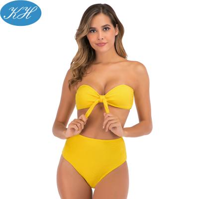 China Wholesale Shiny Solid Color 2021 High Waist Bow Tie Women's Swimwear Breathable Bikini Set for sale