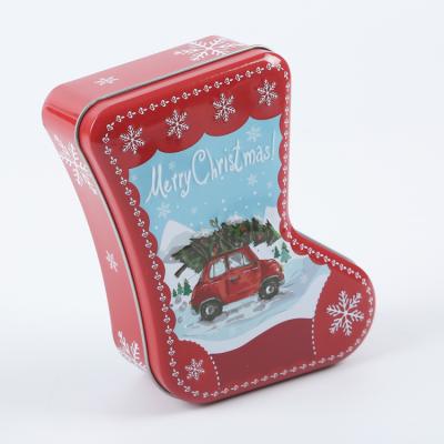 China Package Christmas Sock Shaped Custom Printed Candy Metal Tin Can Boxes for sale