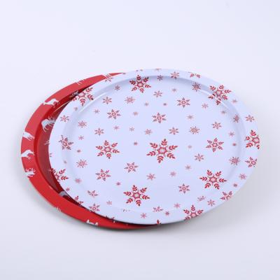 China Recycled Reusable Materials Christmas Round Tin Tray Tinplate Custom Fruit Tray for sale