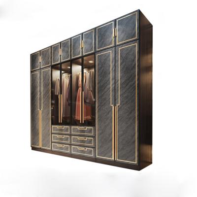 China Wholesale Black Luxury Modern Glass Door Wardrobe Closet Solid Wood Bedroom Wardrobe Storage With Smart Light for sale