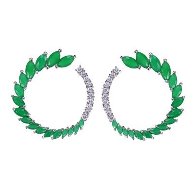 China FASHIONABLE Ladies Circle Feather Design AAA Zircon Emerald Stud Earrings Wedding Jewelry for sale