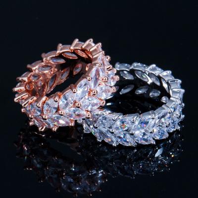 China AAA Rose Gold Plated Women Romantic Silver Cubic Zircon Leaf Design Eternity Wedding Band Ring Engagement Gift for sale