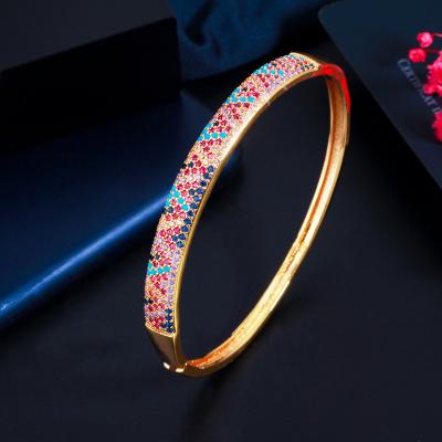 China FASHIONABLE Bohemian Women's AAA Brass Zircon Multi Color Stone Cuff Bangle Bracelet 18K Gold Plated for sale