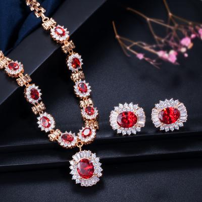 China Princess Cut Design Ruby Stone Cut Dress Accessories Fashionable Luxury Women Wedding Jewelry Set for sale