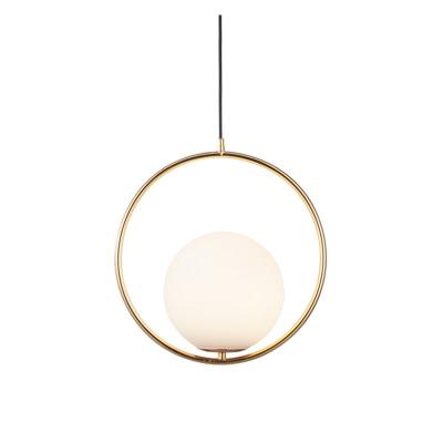 China Residential Looking Polishing Golden White Glass Light Milky Shade Hanging Light Fixture Dining Room Erea for sale