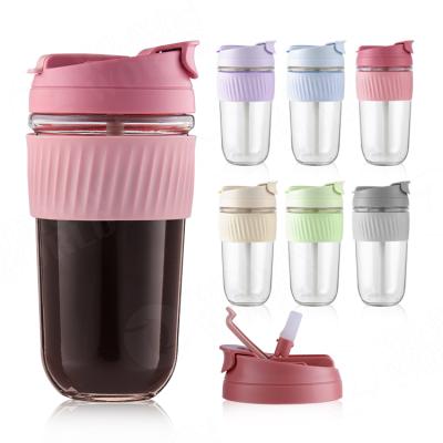 China 12oz/18oz Leak Proof Glass Coffee Travel Mug Disposable Cups With 2 Ways Drinking For Drinking Hole And Straw Lids for sale