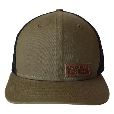 China Mens COMMON Hats Vintage Custom Green Distressed Denim Camouflage 6 Panel Leather Trucker Hats for sale