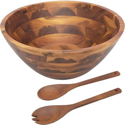 China Sustainable Wholesale Premium Large Acacia Wood Salad Bowl Customized Wood Bowls With Salad Spoon And Fork for sale