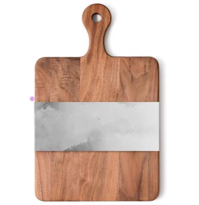 China Sustainable Wholesale Walnut Square Cutting Board For Kitchen With Handle Acacia Wood Chopper Serving Tray for sale