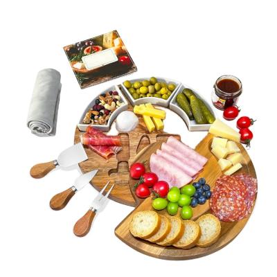 China 13 Inch Viable Round Acacia Wooden Cheese Board Cheese Board and Knife Set Charcuterie Tray with 3 Knives for sale