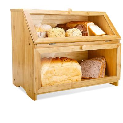 China Freshness Keeping Bread Storage Bin 2 Layer Bamboo Bread Box With Front Window Bread Holder Clear For Kitchen Countertop for sale