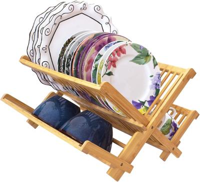 China Sustainable Natural Bamboo Collapsible 2-Tier Dish Drying Rack For Kitchen Dishware for sale