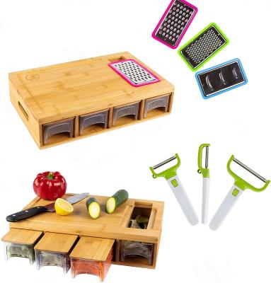 China Sustainable bamboo cutting board with container and vegetable peeler set, bamboo cutting board with tray& graters for kitchen for sale