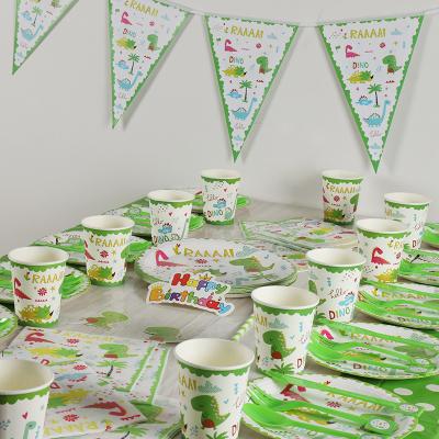 China Disposable Decoration Dinosaur Theme Kids Birthday Party Supplies Set Green Dot Plates Napkins Cups Disposable Tableware Sets for sale