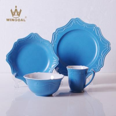 China Sustainable 16pcs Embossed Dinnerware Set Dish Set Ceramic Dinnerware Luxury for sale