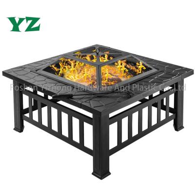 China YZ Easily Cleaned 32 Inch Square Metal Wood Fire Pit Steel Garden Tables With BBQ Grill for sale