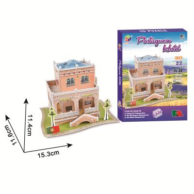 China Cartoon Toy Puzzle House 3D Puzzle Toys Portugal Building Architecture Hotel 3D Puzzle Model Toys For Children DIY for sale