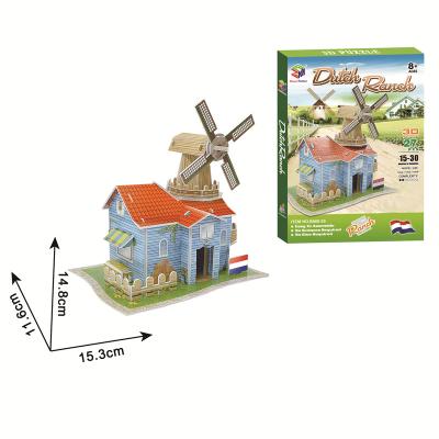 China Cartoon Toy High Quality 3D Puzzle Netherlands Building Village Pasture Model Puzzle Windmill Shed House Toys For Children Gift for sale