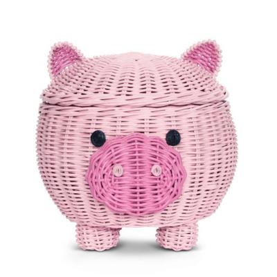 China Viable Animal Shape Rattan Storage Basket With Cover Decoration Shelf Organizer Gift Decoration Pig Hand Painted Basket for sale