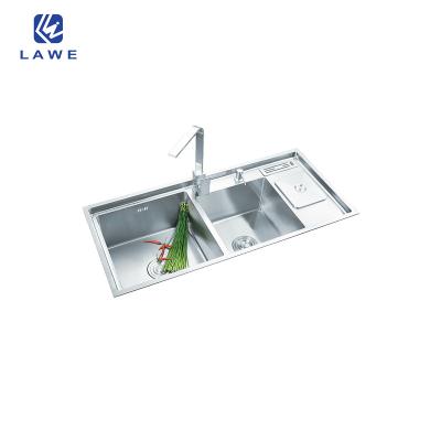 China Without faucet drain sink double bowls with board handmade sink with drainer keep kitchen sink clean and high quality for sale