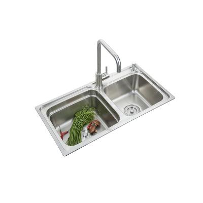 China With Faucet 0.7mm Thickness SUS201 Material Double Bowl Sink With Two Drainer Laundry Sink Stainless Steel Farmhouse Kitchen Sink for sale